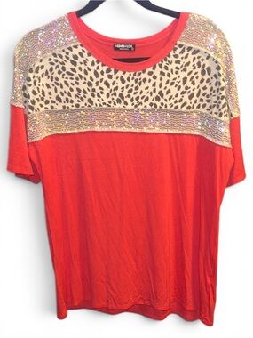 Hemish Lg Pink Leopard Sequin Short Sleeve Top